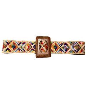 Colorful Vintage Boho Woven Fabric Belt With Wooden Buckle